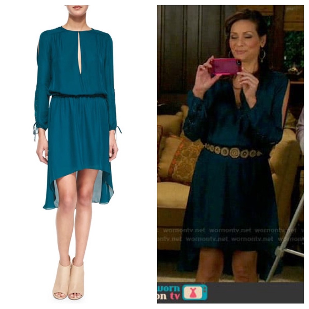 Haute Hippie Long Sleeve Keyhole Front Dress S Blue Coral Silk Split Sleeve